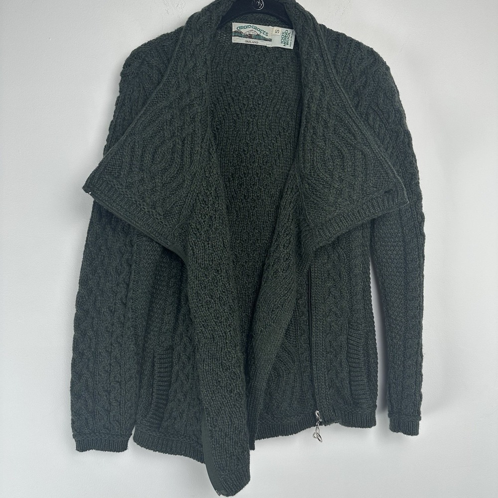 Aran Crafts Women's Cardigan Size Small Green Wool Ireland Cable Knit Fisherman - Picture 9 of 10
